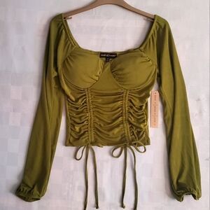 Ruched Corset Crop Top Balloon Sleeves Sweetheart Neck Open Back Ophelia Vibes M